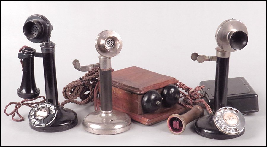 LEICH ELECTRIC BAKELITE CANDLESTICK ROTARY TELEPHONE.: LEICH ELECTRIC BAKELITE CANDLESTICK ROTARY TELEPHONE. Together with a candlestick rotary telephone with ringer box and bakelite reciever and a silvertone and bakeltie candlestick non-dial telephone wi