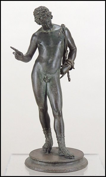 NEAPOLITAN BRONZE FIGURE OF NARCISSUS.: NEAPOLITAN BRONZE FIGURE OF NARCISSUS. After Vincenzo Gemito (Italian, 1852-1929). Signed "Proprieta Artistica" and "A. Sommer" "Napoli" Figure H: 24''