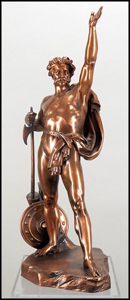 PATINATED METAL SCULPTURE OF CARACTACUS.: PATINATED METAL SCULPTURE OF CARACTACUS. After John Henry Foley (Irish, 1818-1874). Bearing a "JH Foley R.A. London 1860" signature and an "Elkington & Co Founders" stamp Figure H: 30''