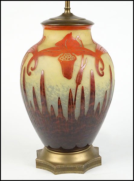 A LA VERRE FRANCAIS CAMEO GLASS VASE.: A LA VERRE FRANCAIS CAMEO GLASS VASE. Fitted as a table lamp. Vase is signed along the lower edge Vase: 14"