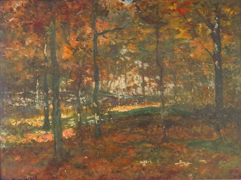 HENRY WARD RANGER (AMERICAN, 1858-1916) WOODS SCENE,: HENRY WARD RANGER (AMERICAN, 1858-1916) WOODS SCENE, 1912. Oil on board. Signed LL, bearing red estate stamp LR (B478). Frame: 20" x 23" Board: 12" x 16"
