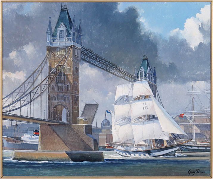 GUY PERON ( FRENCH, B. 1931) NAVAL SHIP AT THE LONDON: GUY PERON ( FRENCH, B. 1931) NAVAL SHIP AT THE LONDON BRIDGE. Oil on board. Signed LR. Frame: 28" x 24" Board: 18" x 22"