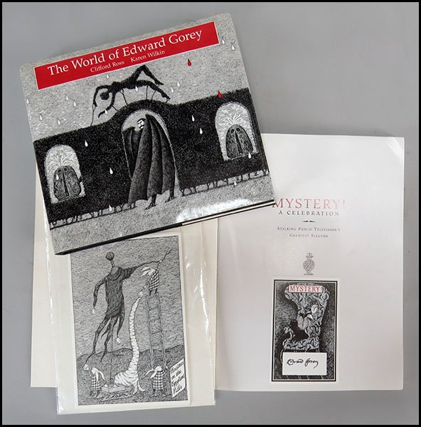 EDWARD GOREY (AMERICAN, 1925-2000) CHRISTMAS IN THE: EDWARD GOREY (AMERICAN, 1925-2000) CHRISTMAS IN THE EGGPLANT HILLS. Holiday card, edition of 400. Signed inside. Published in December of 1989. Printed by Nadja for Albondocani Press. Together with "M