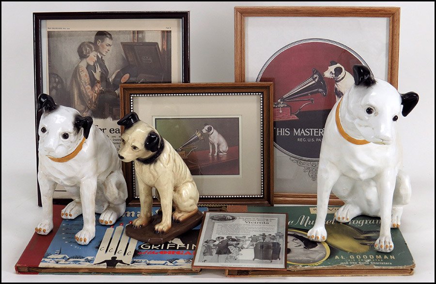 THREE VICTOR 'NIPPER' FIGURES.: THREE VICTOR 'NIPPER' FIGURES. Together with four Victor 'His Master's Voice' framed ads and seven Victrola records. Two figures are painted resin with glass eyes and the other is a painted ceramic Ta