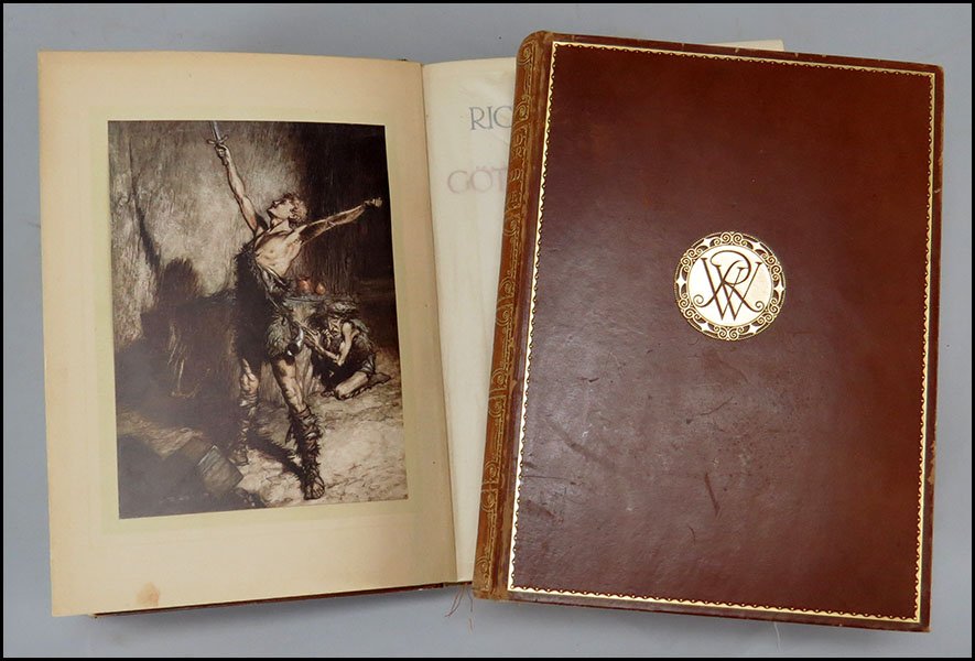 RICHARD WAGNER (GERMAN, 1813-1883) DER RING DES: RICHARD WAGNER (GERMAN, 1813-1883) DER RING DES NIBELUNGEN. Volumes I and II. Titled "Siegfried & Gotterdammerung" and "Das Rheingold & Die Walkeure." Both with illustrations by Arthur Rackham. Volume