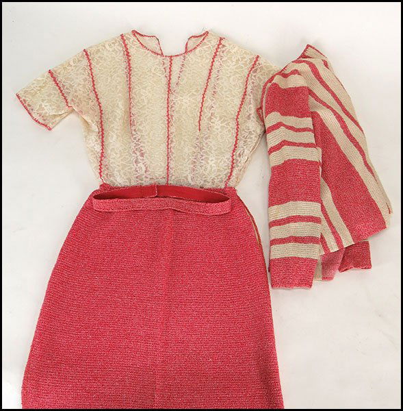 MIMI PEARCE NEW YORK HANDKNIT RED AND WHITE DRESS.: MIMI PEARCE NEW YORK HANDKNIT RED AND WHITE DRESS. Bearing a lace top and a self belt. With a red and white striped jacket Size unlabeled