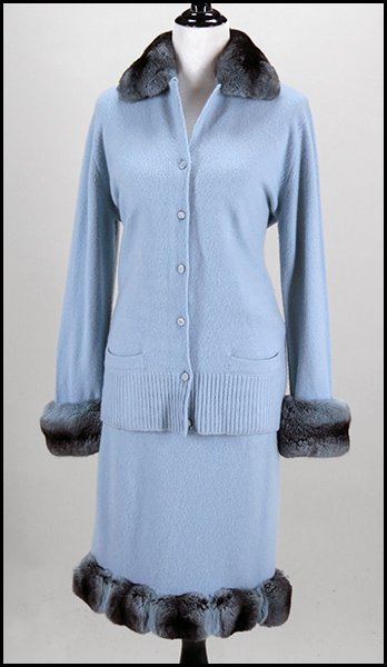 CHINCHILLA AND CASHMERE TWO-PIECE ENSEMBLE.: CHINCHILLA AND CASHMERE TWO-PIECE ENSEMBLE. Comprised of a jacket and a skirt. Both bear a "buonuomo New York Milan" tag. Made in Scotland. 100% cashmere Size: Medium