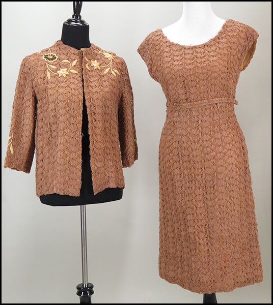 MIMI PEARCE NEW YORK HANDKNIT ROSETTE DRESS.: MIMI PEARCE NEW YORK HANDKNIT ROSETTE DRESS. With self belt. Includes a jacket, bearing a floral motif Size unlabeled