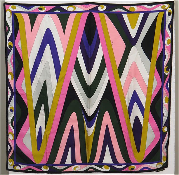 EMILIO PUCCI MULTICOLORED PRINT SILK SCARF.: EMILIO PUCCI MULTICOLORED PRINT SILK SCARF. Bearing "Emilio" in the design. With original tags. Made in Italy 35'' x 35''