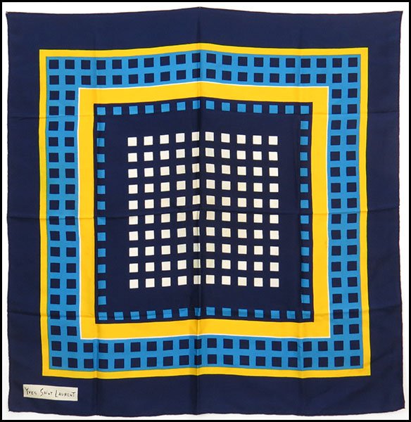 YVES SAINT LAURENT SILK SCARF.: YVES SAINT LAURENT SILK SCARF. Bearing a geometric motif 34.5'' x 34.5''
