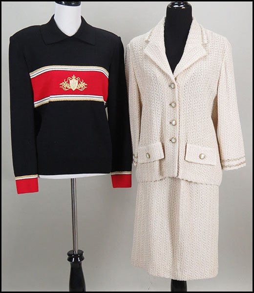 TWO ST. JOHN COLLECTION MARIE GRAY TWO-PIECE ENSEMBLES.: TWO ST. JOHN COLLECTION MARIE GRAY TWO-PIECE ENSEMBLES. Comprised of a creme blazer and a-line skirt (size 12) and a pullover collared sweater (size medium) and pair of pants (size 14). Together with 