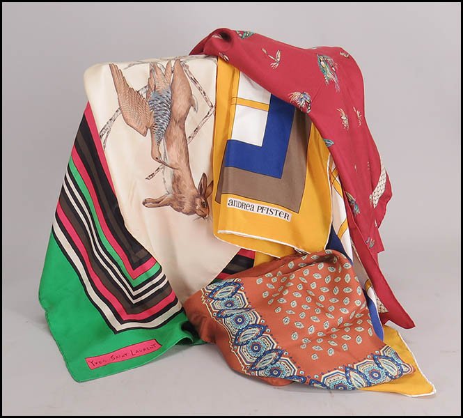 GROUP OF SIX WOMEN'S SILK SCARVES.: GROUP OF SIX WOMEN'S SILK SCARVES. Four unlabeled, one Yves Saint Laurent, one Andrea Pfister