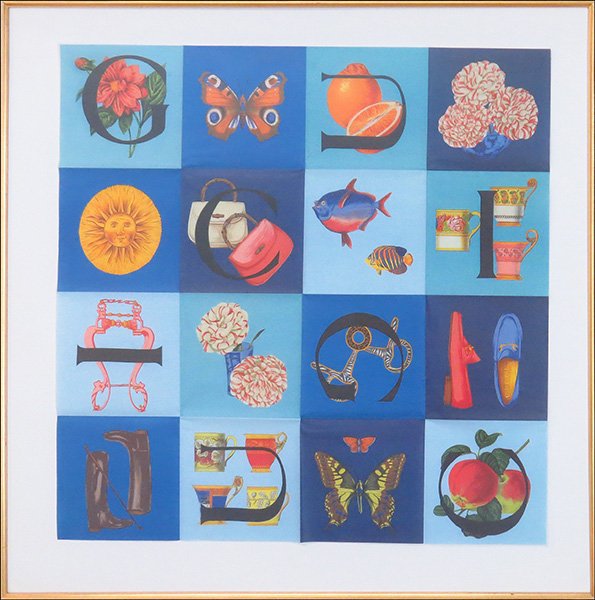 A GUCCI 1985 RESORT COLLECTION PROMOTIONAL FRAMED: A GUCCI 1985 RESORT COLLECTION PROMOTIONAL FRAMED POSTER. In the form of a printed scarf. Depicting Gucci loafers, riding boots, flowers, fish, and teacups Poster: 26.5" x 26.5" Frame: 41.5" x 41.5"