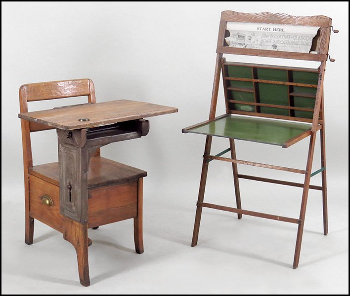 MOULTHROP OAK SCHOOL DESK WITH CHAIR.: MOULTHROP OAK SCHOOL DESK WITH CHAIR. Together with an easel form chalkboard that flips open to a writing surface. Desk is height adjustable, bearing a single drawer underneath the seat and a removabl