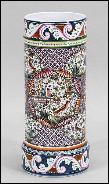 PORTUGUESE PAINTED CERAMIC UMBRELLA STAND.: PORTUGUESE PAINTED CERAMIC UMBRELLA STAND. Depicting birds, rabbits, and deer among a foliate and patterned decoration. Signed on underside 'Estrela Commbriga Portugal' 21" x 9"