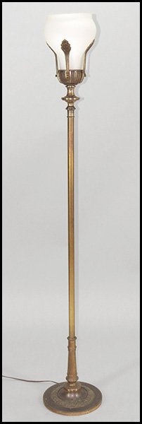BRASS TORCHIERE.: BRASS TORCHIERE. With a single light and single glass shade. Attributed to Frederick Cooper H: 59''