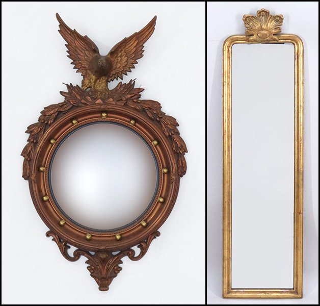 GILTWOOD FRAMED MIRROR.: GILTWOOD FRAMED MIRROR. Together with a Federal style convex mirror 59" x 16"
