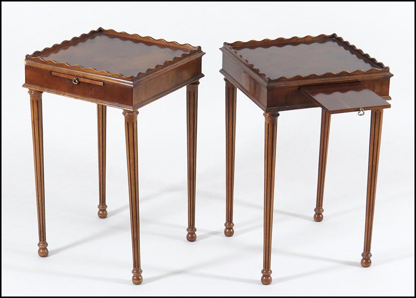 PAIR OF LANE FURNITURE SIDE TABLES.: PAIR OF LANE FURNITURE SIDE TABLES. Bearing pie crust ledges and pull out candle stands Each: 23" x 14" x 14"
