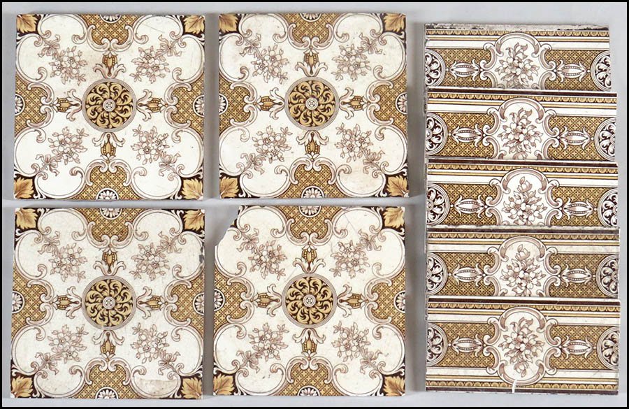 SET OF FOUR MINTON GLAZED CERAMIC TILES.: SET OF FOUR MINTON GLAZED CERAMIC TILES. Together with set of five coordinating Minton glazed ceramic rectangular tiles (3" x 6") 6" x 6"