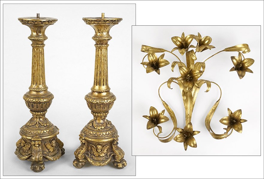 PAIR OF PAINTED PLASTER PRICKETTES.: PAIR OF PAINTED PLASTER PRICKETTES. Together with an Italian gilt metal floral wall decoration (18" x 16") Height: 20"