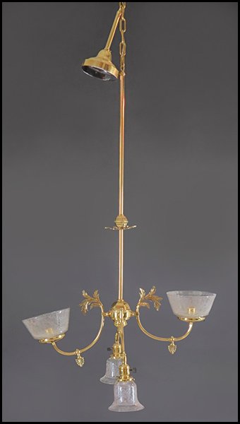 FOUR-LIGHT PATINATED METAL HANGING FIXTURE.: FOUR-LIGHT PATINATED METAL HANGING FIXTURE. With glass shades and a foliate motif H: 63''