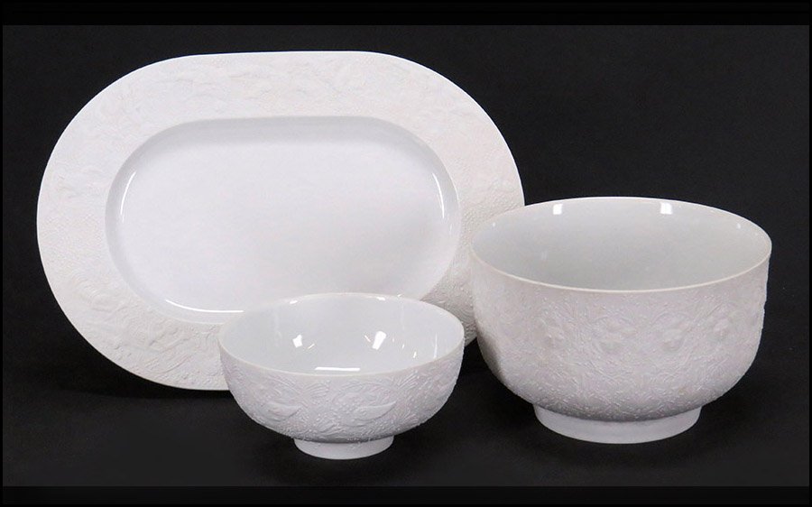 GROUP OF BJORN WIINBLAD FOR ROSENTHAL PORCELAIN SERVING: GROUP OF BJORN WIINBLAD FOR ROSENTHAL PORCELAIN SERVINGWARE. Comprised of a vegetable bowl, a serving bowl, and a serving platter. Featuring a figural motif in a relief patterned. From the Studio Line