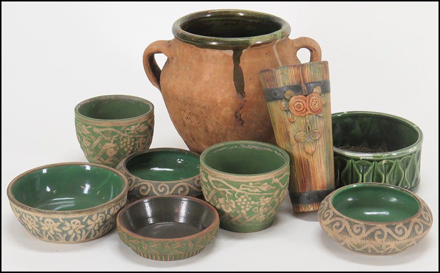 COLLECTION OF RED WING BRUSHWARE POTTERY.: COLLECTION OF RED WING BRUSHWARE POTTERY. Together with a Weller Wood Rose Wall Pocket, a McCoy green glazed dish, and a terra cotta handled vessel bearing glazed interior. Red Wing is comprised of si