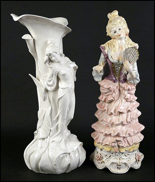 CAPODIMONTE PORCELAIN FIGURE OF A LADY.: CAPODIMONTE PORCELAIN FIGURE OF A LADY. Together with an Italian and Art Nouveau style white porcelain vase (26" x 14") depicting a lady standing in front of a large calla lily. Capodimonte bears make