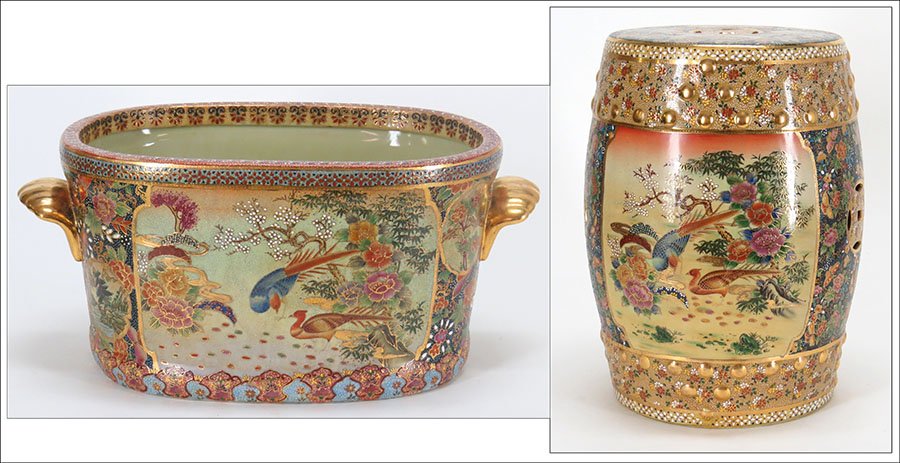 CHINESE GILT PORCELAIN FOOTBATH.: CHINESE GILT PORCELAIN FOOTBATH. Together with a Chinese gilt porcelain garden seat (18" x 12"). Both bear hand painted, transfer decorated, and gilt detailing with central scenes of birds as well as 