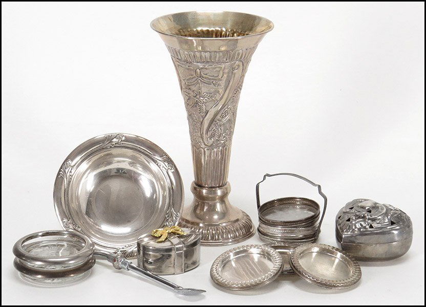 SET OF FOUR STERLING SILVER AND GLASS COASTERS WITH STE: SET OF FOUR STERLING SILVER AND GLASS COASTERS WITH STERLING SILVER HOLDER. Together with three Crest Silver Co. weighted coasters, an International Sterling dish in the Spring Glory pattern, two Ital