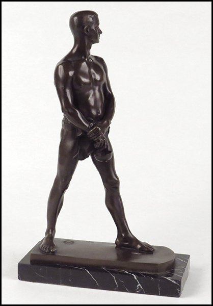 PATINATED BRONZE FIGURE.: PATINATED BRONZE FIGURE. Bearing a Friedrichs-Hagen foundry mark. Depicted as an athlete, with a weight. Signed "O.T.hiem" Figure H: 14''