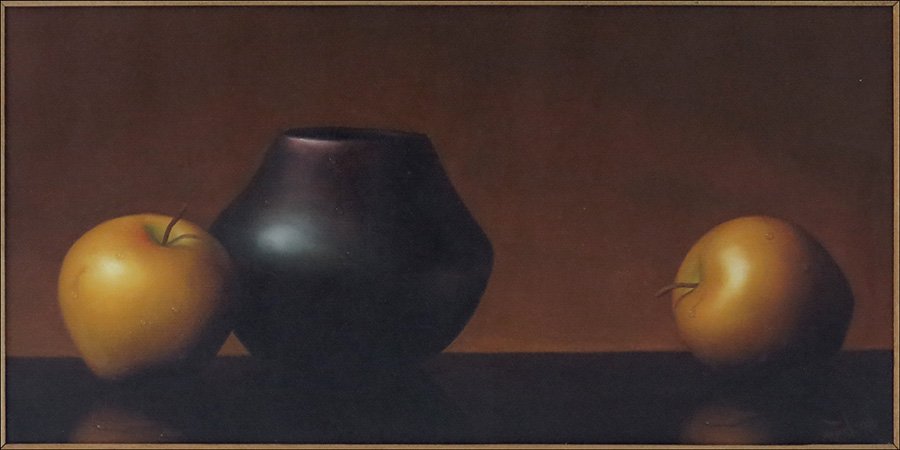 ALFRED JACKSON (AMERICAN, 1940-2001) STILL LIFE WITH AP: ALFRED JACKSON (AMERICAN, 1940-2001) STILL LIFE WITH APPLES AND A VASE. Acrylic on canvas. Signed LR "A. Jackson" Sight: 12'' x 23'' Frame: 23'' x 34''