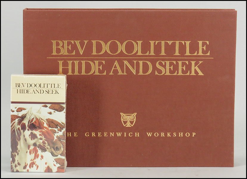 BEV DOOLITTLE (AMERICAN, B. 1947) HIDE AND SEEK PRINT F: BEV DOOLITTLE (AMERICAN, B. 1947) HIDE AND SEEK PRINT FOLIO. Comprised of six off-set mechanical reproduction prints in a hard bound linen folio, a 26" x 32" Serigraph "Hide and Seek", and a VHS casse