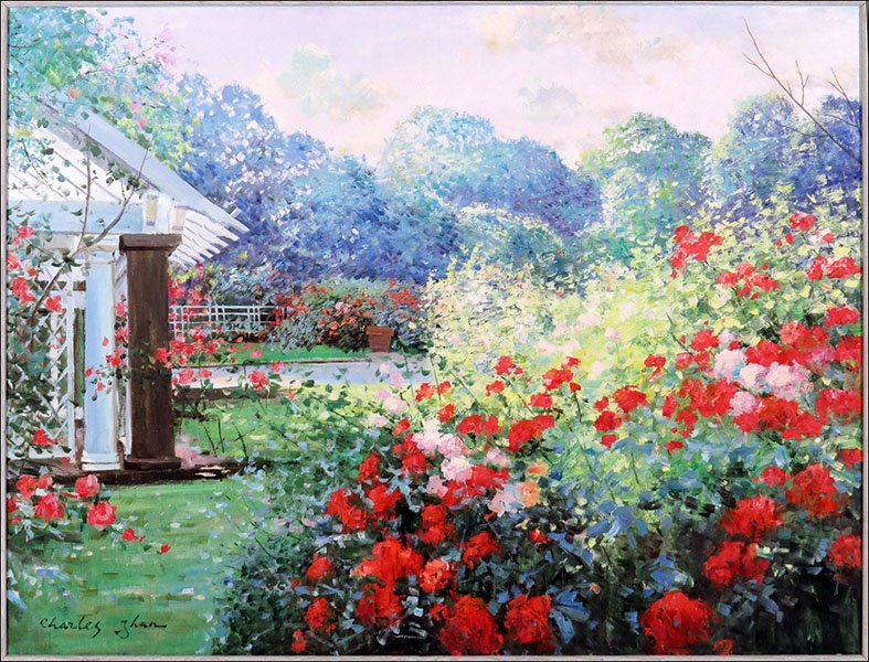 CHARLES ZHAN (CHINESE, B. 1959) FLORAL PATIO SCENE.: CHARLES ZHAN (CHINESE, B. 1959) FLORAL PATIO SCENE. Oil on canvas. Signed LL Canvas: 30'' x 40'' Frame: 35.5'' x 44''