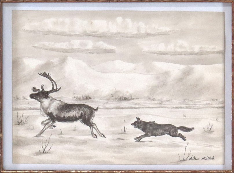 WILBUR WALLUK (ALAKSAKAN INUIT, 1928-1968) WOLF CHASING: WILBUR WALLUK (ALAKSAKAN INUIT, 1928-1968) WOLF CHASING A CARIBOU. Ink on paper, signed LR Sight: 5" x 7" Frame: 13.5" x 15.5"