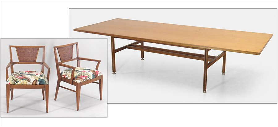 JENS RISOM CONFERENCE TABLE.: JENS RISOM CONFERENCE TABLE. Bearing a "Jens Risom Designs Inc" tag on the underside. Together with two upholstered armchairs and six upholstered side chairs, all unlabeled 2' 5'' x 10' x 4'