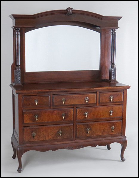 QUEEN ANNE STYLE MAHOGANY SIDEBOARD.: QUEEN ANNE STYLE MAHOGANY SIDEBOARD. Bearing column form supports, a mirrored center, and cabriole legs 74" x 54" x 21"