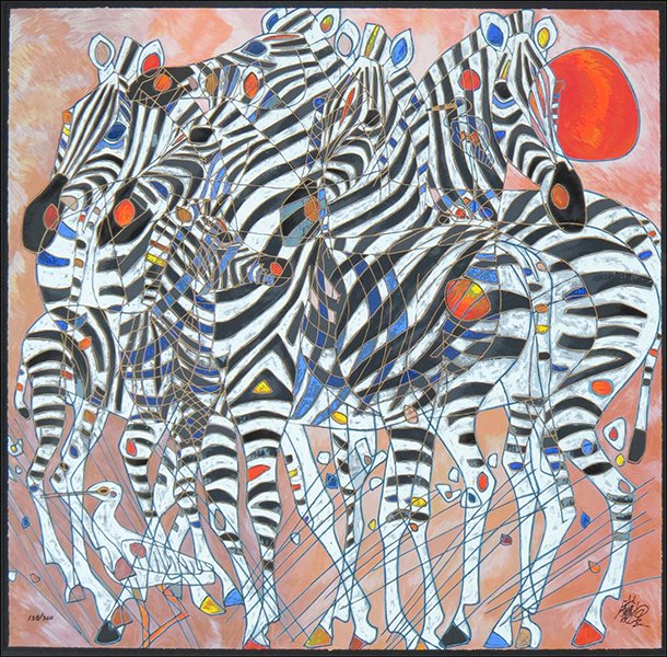 TIEFENG JIANG (CHINESE/AMERICAN, B.1938) ZEBRAS.: TIEFENG JIANG (CHINESE/AMERICAN, B.1938) ZEBRAS. Serigraph, edition 138/300. Signed LR. Frame: 49" x 48" Sheet: 36" x 36"