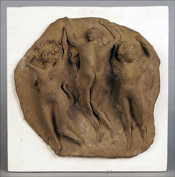 ABBOTT PATTISON (AMERICAN, 1916-1999) THREE FIGURES.: ABBOTT PATTISON (AMERICAN, 1916-1999) THREE FIGURES. Ceramic. Signed LL. Mounted on a 14" x 14.5" painted wood board 13" x 13"