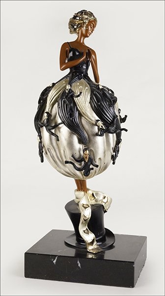 ROMAIN DE TIRTOFF ERTE (RUSSIAN/FRENCH, 1892-1990) TUXE: ROMAIN DE TIRTOFF ERTE (RUSSIAN/FRENCH, 1892-1990) TUXEDO. Cast bronze, edition 324/375. Top hat is signed "Erte 1990 Chalk & Vermilion and Sevenarts 324/275". Raised on a 2" marble plinth. With origi