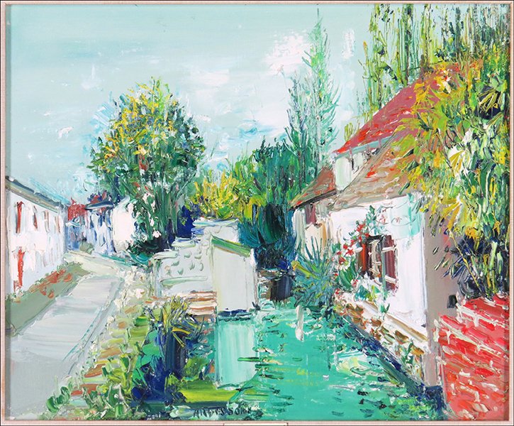 YOLANDE ARDISSONE (FRENCH, B. 1927) DANS LE VILLAGE.: YOLANDE ARDISSONE (FRENCH, B. 1927) DANS LE VILLAGE. Oil on canvas. Signed "Ardissone" LC Sight: 14.75'' x 17'' Frame: 23'' x 26''