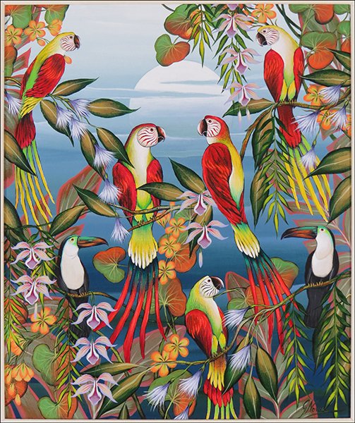 GUSTAVO NOVOA (CHILEAN, B. 1941) PARROTS AND TOUCANS.: GUSTAVO NOVOA (CHILEAN, B. 1941) PARROTS AND TOUCANS. Oil on canvas. Signed "G. Novoa" LR. Bearing a Wally Findlay Galleries label en verso Sight: 23.5'' x 19.75'' Frame: 30'' x 25.5''