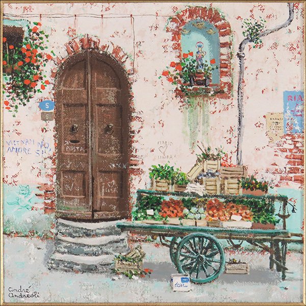 ANDRE ANDREOLI (AMERICAN/DUTCH, 1933-2001) VIA MODELLI.: ANDRE ANDREOLI (AMERICAN/DUTCH, 1933-2001) VIA MODELLI. Oil on canvas. Signed "Andre Andreoli" LL. Bearing a Wally Findlay Galleries label en verso. Titled en verso Sight: 20'' x 20'' Frame: 28.75'' x