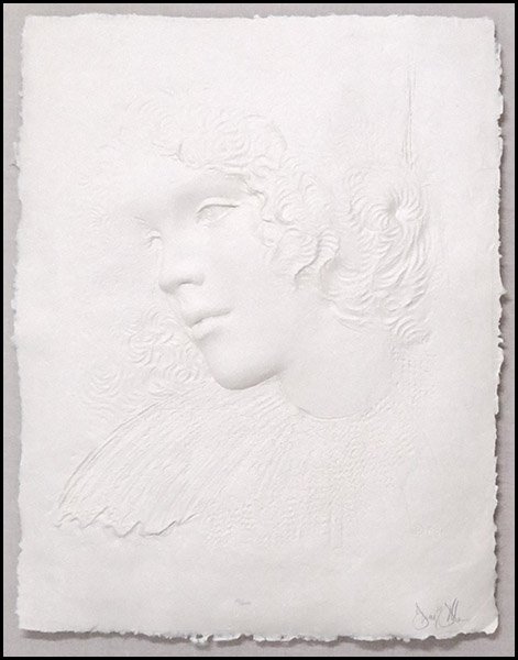 FRANK GALLO (AMERICAN, B. 1933) ANGELA.: FRANK GALLO (AMERICAN, B. 1933) ANGELA. Cast paper sculpture circa 1981, pencil signed LR, pencil numbered lower center 143/200. Contained in a lucite frame Sight: 32" x 25" Frame: 42" x 35"