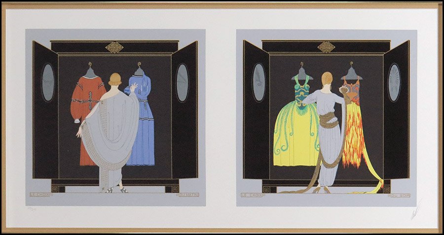 ROMAIN DE TIRTOFF ERTE (FRENCH, 1892-1990) LE CHOIX: DU: ROMAIN DE TIRTOFF ERTE (FRENCH, 1892-1990) LE CHOIX: DU MATIN, DU SOIR. Serigraph, pencil signed LR, pencil numbered 67/300 LL. Bears Circle Gallery Ltd. label en verso Sight: 18" x 35.5" Frame: 31" x