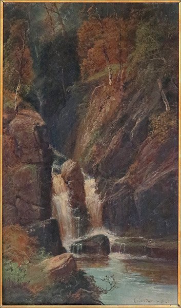 CLARENCE HENRY ROE (BRITISH, 1850-1909) HIDDEN WATERFAL: CLARENCE HENRY ROE (BRITISH, 1850-1909) HIDDEN WATERFALL. Oil on board. Signed LR. Frame: 39" x 27". Provenance: Kellar and Kellar Antiques, Oak Park Board: 30" x 18"
