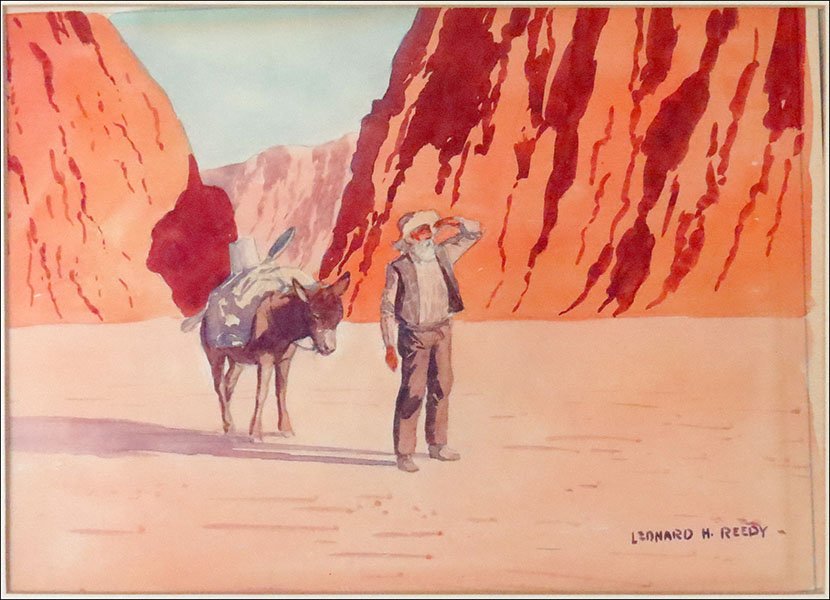 LEONARD H. REEDY (AMERICAN, 1899 - 1956) THE PROSPECTOR: LEONARD H. REEDY (AMERICAN, 1899 - 1956) THE PROSPECTOR. Watercolor on paper. Signed LR. Frame: 14.5" x 17.5". Provenance: Kellar and Kellar Antiques, Oak Park Sight: 8" x 11"