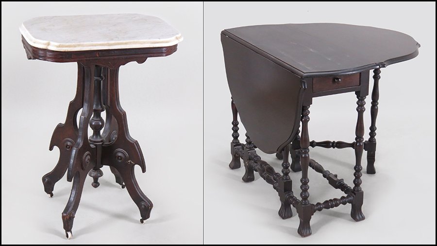 CARVED WOOD MARBLE TOP OCCASIONAL TABLE.: CARVED WOOD MARBLE TOP OCCASIONAL TABLE. Raised on casters. Together with a mahogany drop leaf table bearing turned legs (when open: 30" x 36" x 50") 30" x 22" x 16.5"