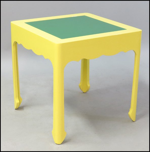 A CONTEMPORARY LACQUERED TABLE.: A CONTEMPORARY LACQUERED TABLE. With an inset green glass top H: 28" W: 28" D: 28"
