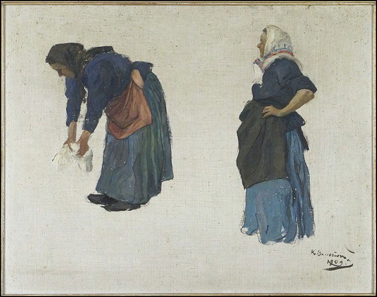 DUTCH SCHOOL (20TH CENTURY) PEASANT WOMEN.: DUTCH SCHOOL (20TH CENTURY) PEASANT WOMEN. Acrylic on canvas mounted on board. Signed illegibly LR, dated 1909 Sight: 17.5'' x 21.75'' Frame: 19.5'' x 24''